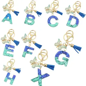 Blue Gradient Glitter Letter Keychain, Personalized Initial Resin Keyring with Butterfly & Tassel, Cute Custom Alphabet Keychain for Women, Bag Charm & Car Key Accessory