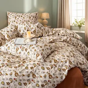 Boho Floral Twin Size 3Pcs Duvet Cover Set Vine Flower 100% Cotton Khaki Floral Bedding Set Vintage Botanical Comforter Cover Set Cream White Bedding Collection (No Comforter)