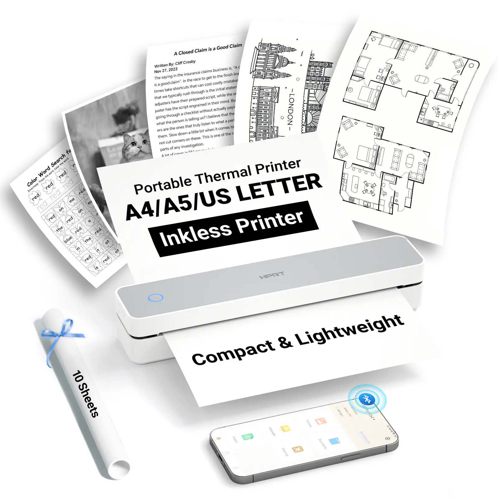 HPRT Portable Printer, Wireless Printer for Travel, Inkless Thermal Small Printer for Home, Office & Vehicles, Mobile Bluetooth Printer Supports 8.5" x 11" US Letter, for Smartphone & PC