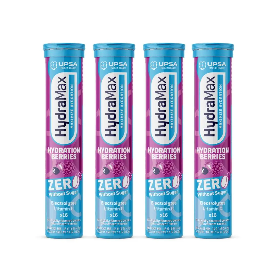 HydraMax Sugar-Free Electrolyte Effervescent Tablets - 4 Packs (16 Total), Berry Flavor, Magnesium, Multivitamin Dietary Supplements, Daily Hydration Support
