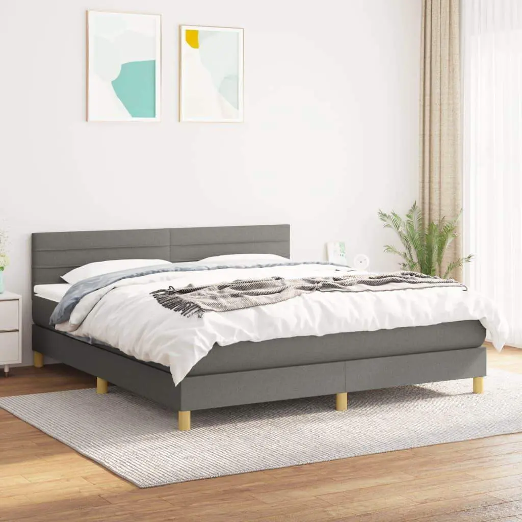 Box Spring Bed with Mattress Dark Gray King Fabric