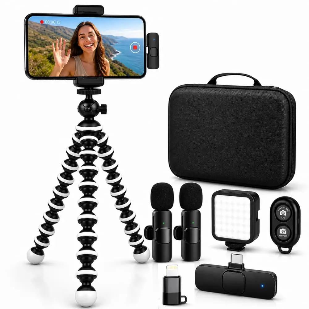 Adjustable Bluetooth Vlogging Creator Gear Kit for iPhone, Android Smartphones - Compact Wireless Microphone, Tripod for iPhone, LED Light, Mount, Bluetooth Remote Shutter, Carry Case, Smartphone Accessories for TikTok Creators