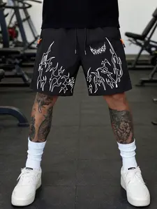 Men's Fitness Shorts with Print, Elastic Drawstring Waist, Lightweight, Street Style, Loose Fit, Breathable, Casual Outdoor Wear