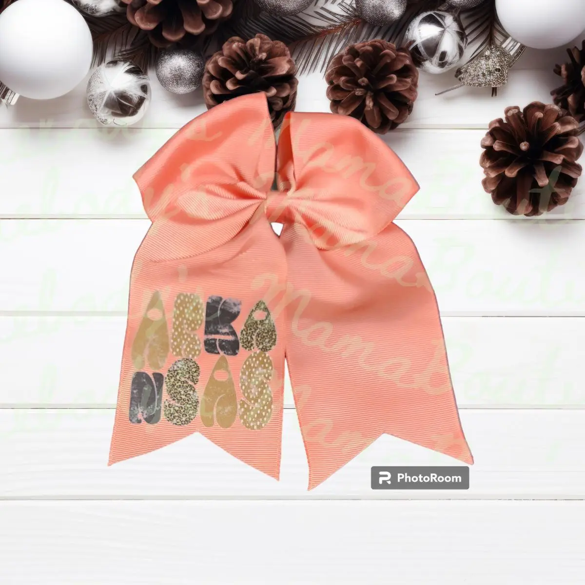 8" Brown Leopard, Black, and Tan Arkansas Grosgain Peach Hair Bow with Ponytail Holder