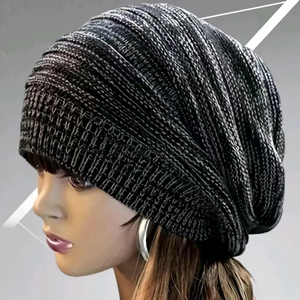 Fashionable black knitted, avant-garde fashion, couple hat, cute and dreamy woven ski hat, loose wool hat, unisex hat, thousand layer pleated hat, warm fluffy hat, hip-hop street dance hat, woven wool hat Men Boho