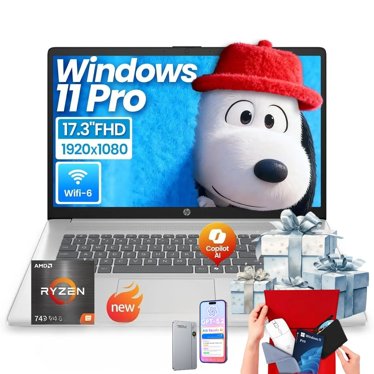 HP 17.3-in Business Laptop (for Students) - AMD Ryzen 5 7430U, up to 32GB RAM, 512GB SSD, FHD Anti-Glare Display, Windows 11 Pro, Wi-Fi 6, Fast Charge, Bundle Accessory, Laptops with Built-in Bat, Cordless Batteries Compatibility