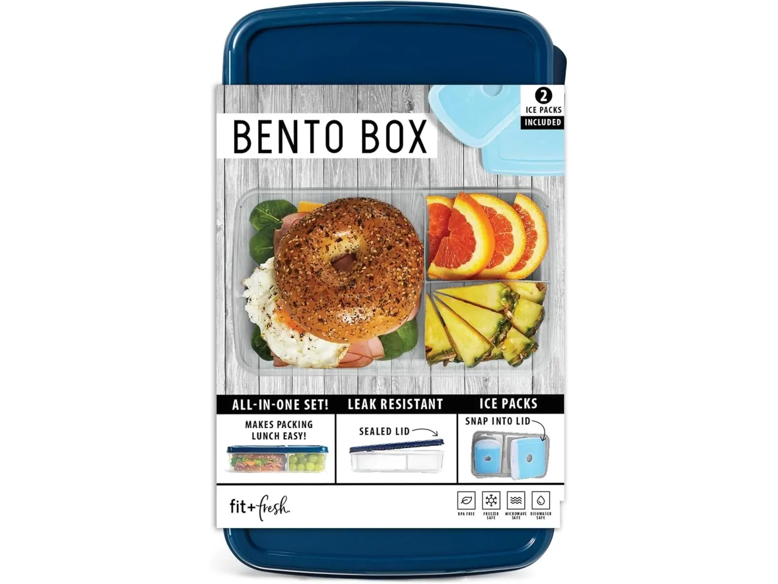 Fit & Fresh 826LOTGMOD Plastic Bento Lunch Box Container for Adults & Kids, with 2 Slim Clip-in Ice Packs - Navy