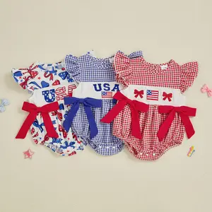 4th Of July Baby Girl Outfits Infant Bow Bubble Romper Newborn USA Flag Top Summer Memorial Day Patriotic Clothes