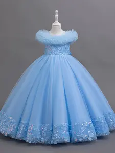 Princess Bubble Dress for Girls, Birthday Party Flower Girl Gown, Elegant Short Sleeve Fitted Dress, Solid Pattern