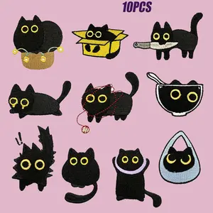 10Pcs Black Cat Iron On Patches, Cartoon Kitten Embroidered Patch for DIY Decoration on Clothing Backpacks Hats #IronOnPatches #DIYCrafts
