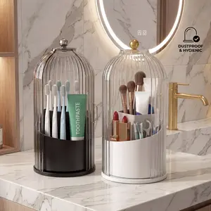 Classic Dome 360° Rotating Makeup Brush Holder with Dustproof Lid, Large-Capacity Waterproof Storage Box for Vanity & Bathroom Countertop, Organizes Toothbrushes, Toothpaste & Stationery
