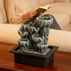 Indoor Cave Rock Waterfall Fountain with Warm Light,Tabletop Fountain with Planter Niche, Zen Water Feature for  Office Desk Decor