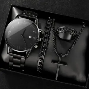 Ultra-Thin Black Men's Watch Set | 4-Piece Minimalist Roman Numeral Design for Everyday Wear plastic case