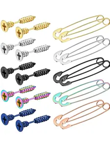 10 Pairs Stainless Steel Unisex Earrings, Punk Gothic Hip Hop Style, Spiked Screw Design, Safe Pin Earring Set for Daily Wear, Fashionable Jewelry Accessories, Stud Earrings Jewelry, Studs Earrings