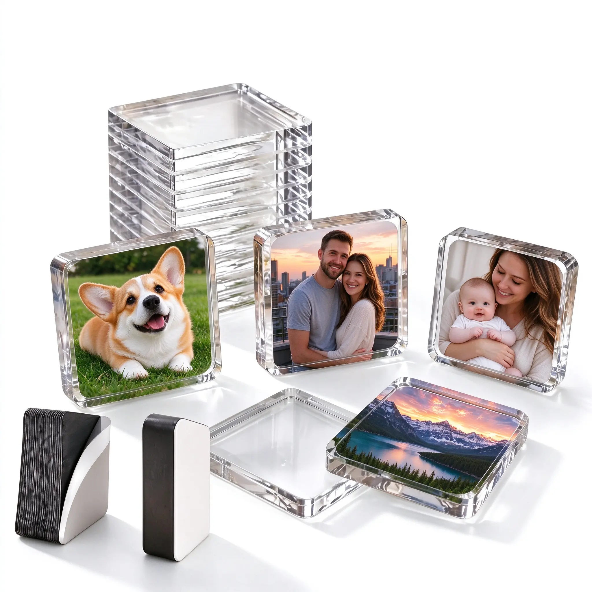 Transparent Magnetic Acrylic Photo Frame Set with Photocard Holders – 10/20/30/50 Pack Craft Kit, Round Edge Square Fridge Magnets, Self-Adhesive, Crystal Clear, Reusable, Custom Kids' Handmade Gift, Refrigerator Decor for Family, Pet Lovers & Teens