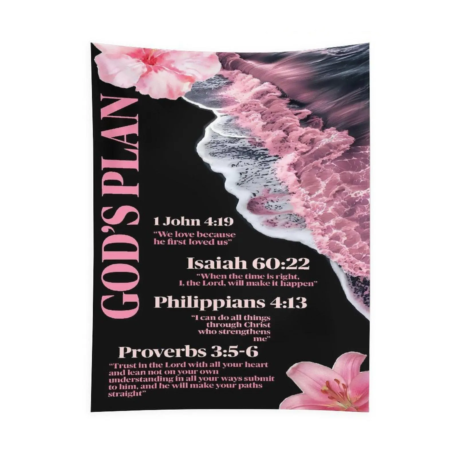 Christian God's Plan Tapestry Wall Hanging - Pink Flowers, Bible Verse Design, Inspirational Faith Scripture Wall Decor, Religious Bedroom Decor for Living Room