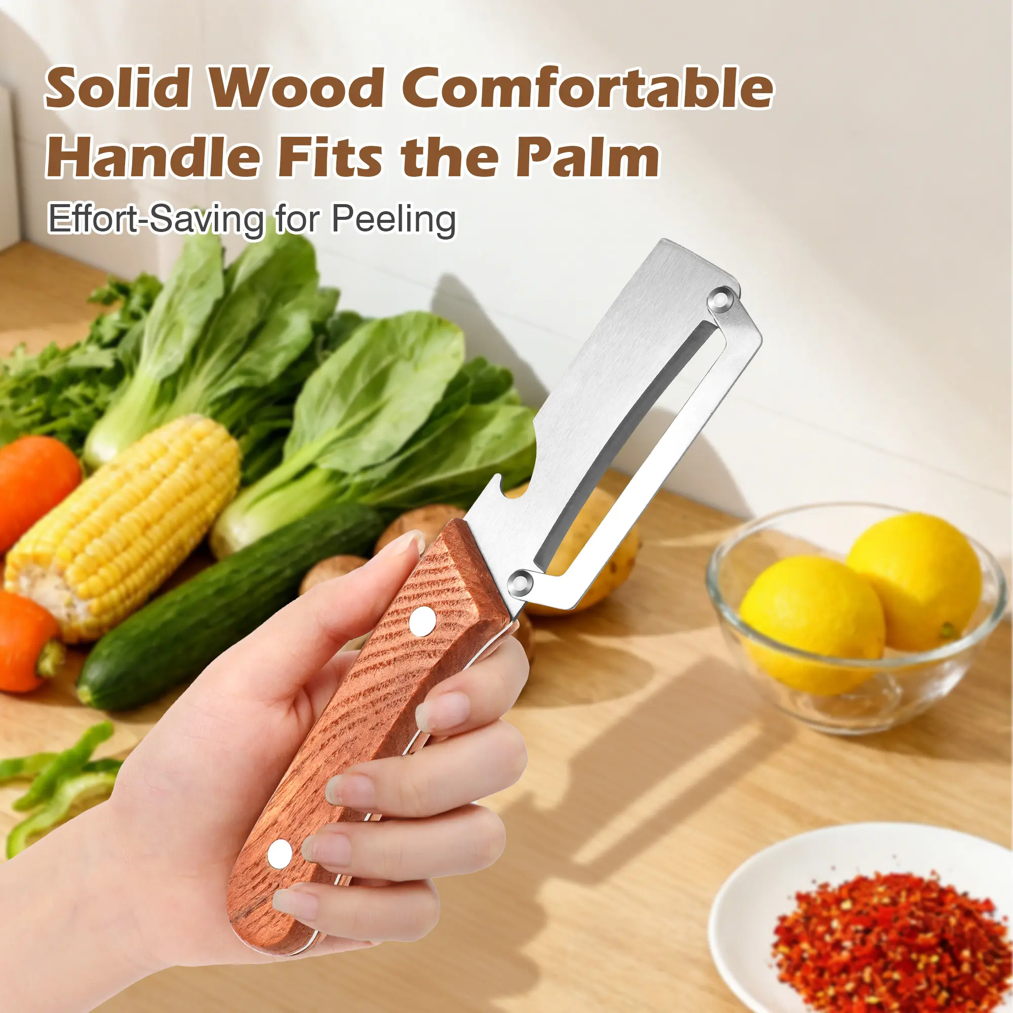 Premium Vegetable & Fruit Peeler – Wooden Handle, Stainless Steel Blade, Built-in Bottle Opener, Ideal for Apples, Potatoes, Pumpkins, Papayas & Zucchinis