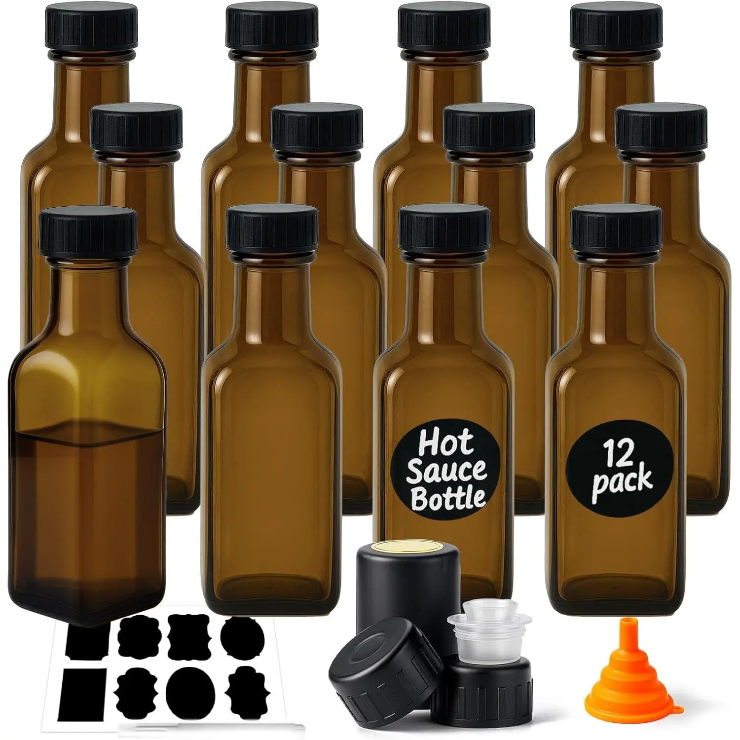 5oz Glass Hot Sauce Bottles - 12-Pack Light-Blocking Bottles with Caps - Preserves Oils, Vinegars, Sauces Color & Freshness - for Kitchen Storage, Small-Batch Use