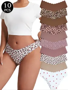 10 Pack Women's Seamless Panties - Scalloped Wave Edge Breathable Nylon Spandex 10+ Styles (Wild Leopard/Romantic Heart & Solids) in Maillard Color Palette All-Day Comfort Fitted Fashion Underwear