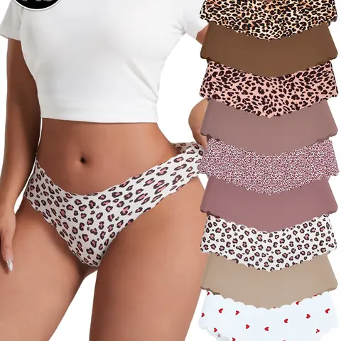 10 Pack Women's Seamless Soft Stretch Panties - Scalloped Wave Edge Breathable Nylon Spandex 10+ Prints Styles (Animal Wild Leopard/Romantic Heart & Solids) in Maillard Color Palette All-Day Comfort Fitted Chic Fashion Printed Underwear