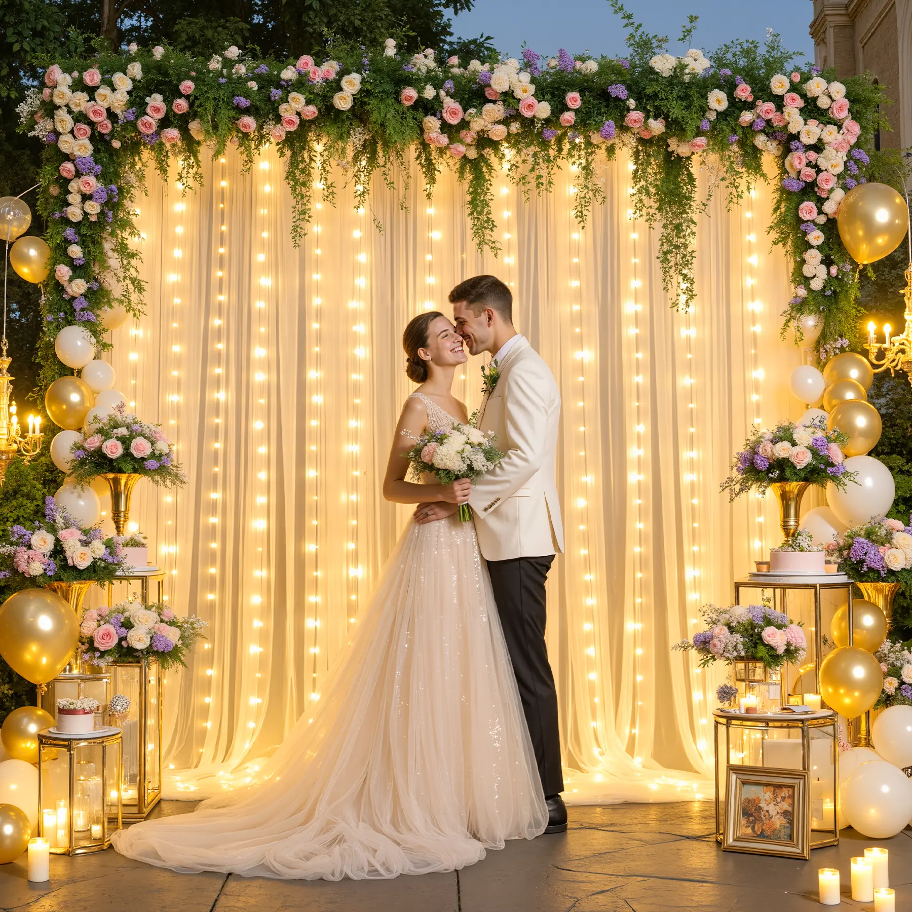 2 Panels 10ft×5FT Tulle Backdrop Curtain with Lights String for Parites 10×5ft Sheer Backdrop Curtains Curtain Backdrop for Wedding Baby Shower Birthday Party Photo Shoot Decorations