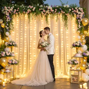 2 Panels 10ft×5FT Tulle Backdrop Curtain with Lights String for Parites 10×5ft Sheer Backdrop Curtains Curtain Backdrop for Wedding Baby Shower Birthday Party Photo Shoot Decorations