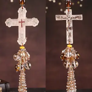 Lucky Crystal Icon Cross for Car Hanging Ornaments with Bead Tassels - Christian Rear View Mirror Accessories cute car accessories