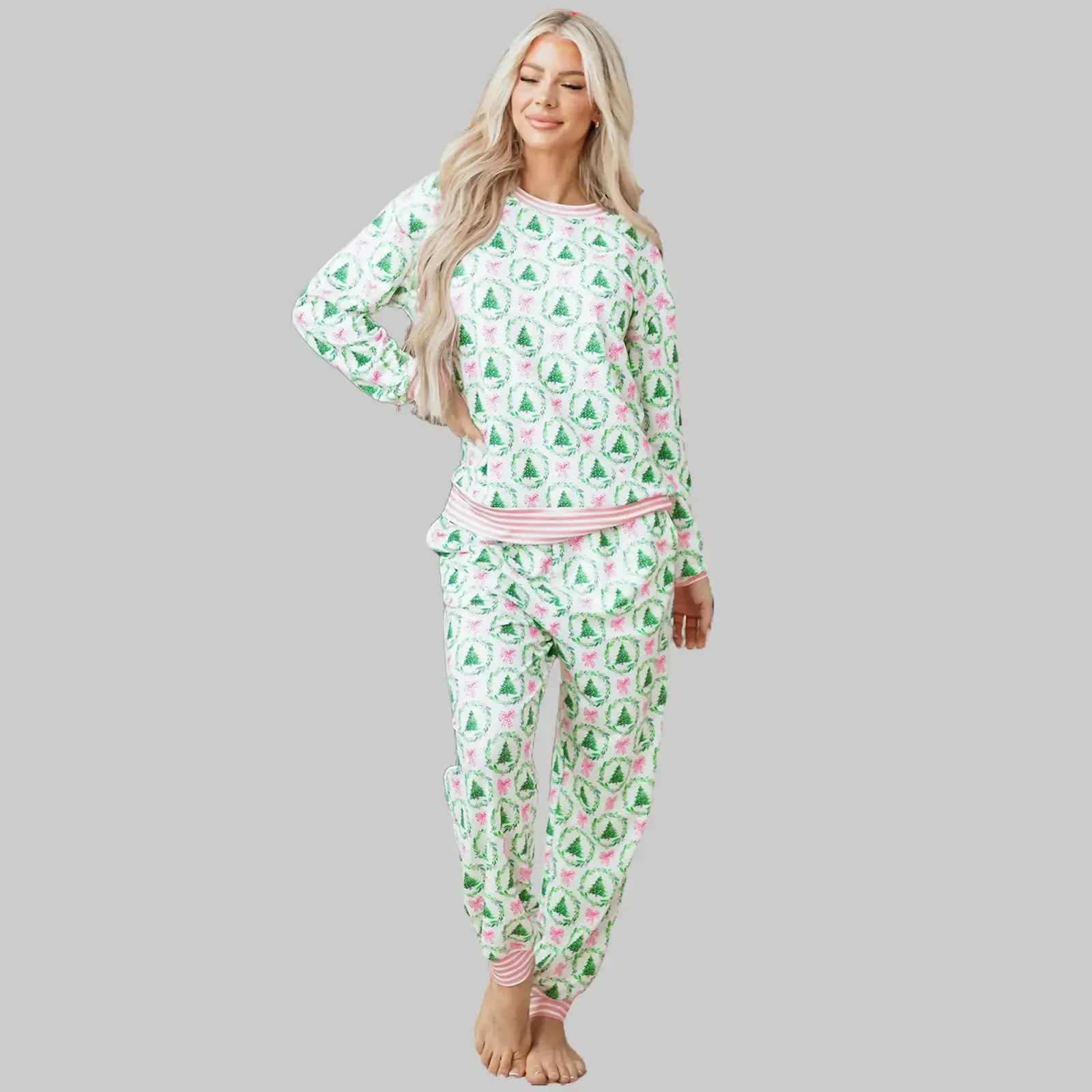 Women's 2-Piece Christmas Graphic Pajama Set - Long Sleeve Top, Striped Bow-Accent Full-Length Below-The-Ankle Lounge Pants, Polyester Nightwear, Machine Washable (Cold Wash), Loungewear