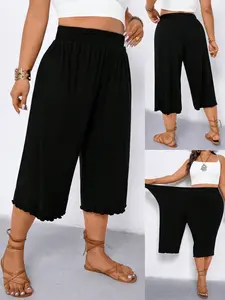 Plus Size Women High-Waisted Capri Pants, Elastic Waist, Loose Fit, Soft Stretch Fabric, Casual Summer Beachwear, Comfortable and Slimming