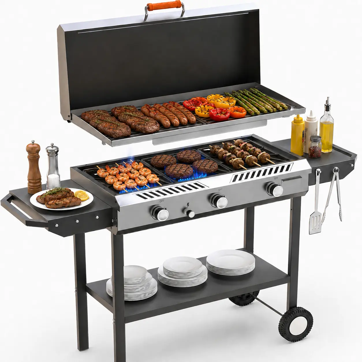2-in-1 Propane Stove & 33'' Griddle Combo with Ignition | 225,000 BTU Gas Griddle with Storage Shelf, Rolling Wheels, Portable Outdoor Cooking Stove for Patio Home Cooking and Frying