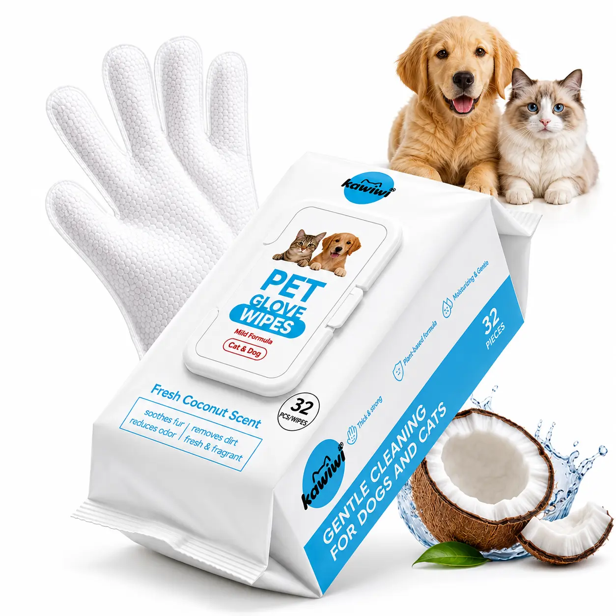 Kawiwi 32 Pcs Pet Grooming Wipes Gloves - Coconut-Scented Deodorizing Grooming Products for Dogs & Cats, Natural, Alcohol-Free, Hypoallergenic, Moisturizing, No-Rinse for Paws, Rear, Ears, Hypoallergenic Grooming Wipes