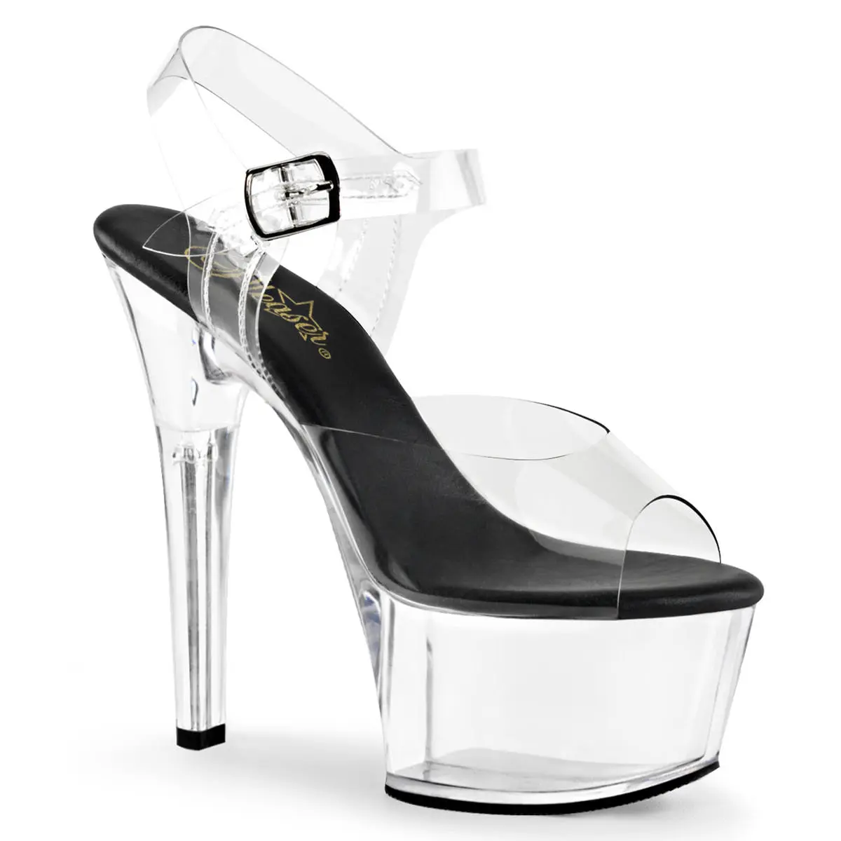 Women's Ankle Strap Sandals with 6" High Heel and 2.25" Transparent Platform, Vegan Exotic Dancer Footwear in Black, High Heels, Elegant, Women's Fashion