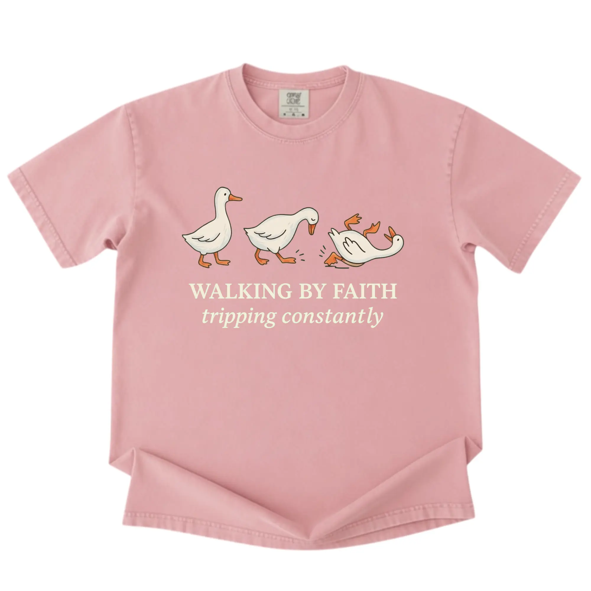 Comfort Colors Women's Short-Sleeve Round Neck Casual Streetwear T-Shirt, Funny Duck Meme, Walking By Faith Tripping Constantly Christian Tee, Shortsleeve, Print, Cotton, Breathable, Soft, Top, Comfortable, Everyday, Relaxed Unisex