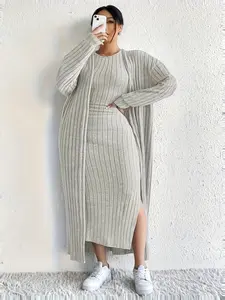 Women's Elegant Plus Size Solid Color Dress Set with Shawl, Fall Winter New Fashion, 2 Piece, Comfortable and Stylish