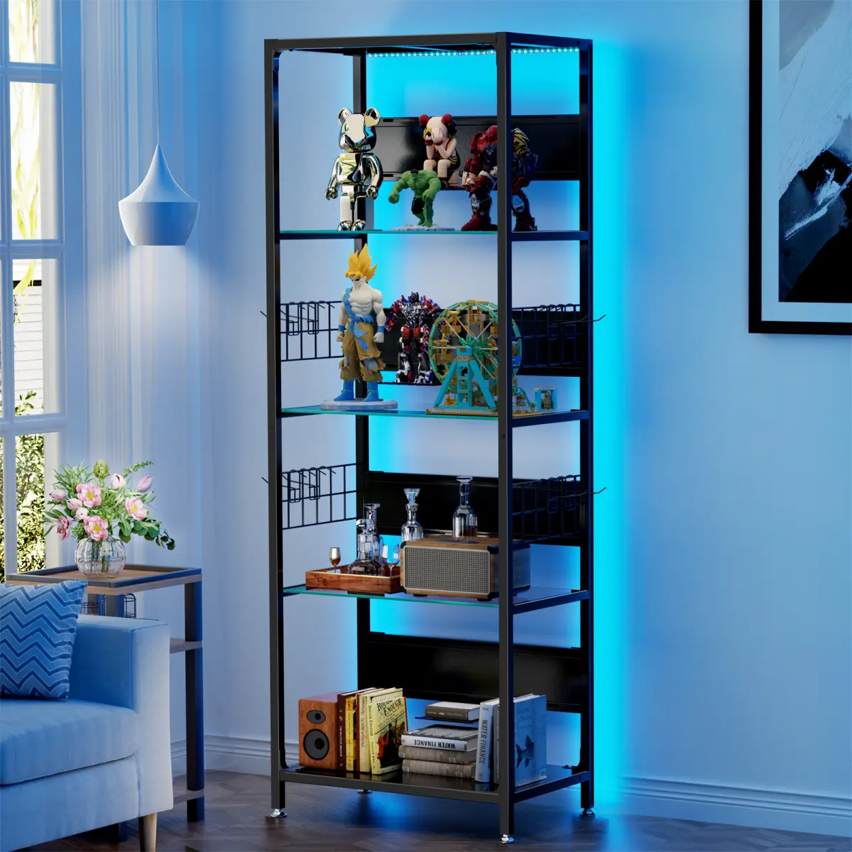 Bellemave 4-Layer Rectangle Metal Curio Cabinet Display Stand Set - Durable Glass Shelves, 25+kg Capacity, RGB LED Lighting, Adjustable Storage Box, Hanging Hooks, Artwork Racks, Clean Aesthetic Gaming Room/Office Inspo Organizer