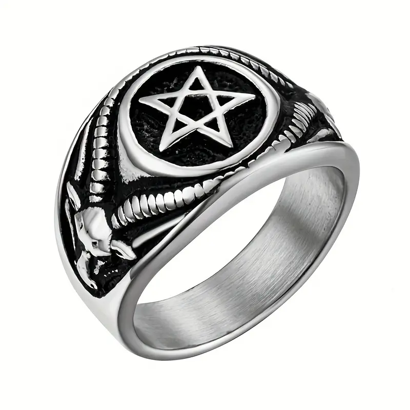 Metallic 316 Stainless Steel Men's Vintage Baphomet Ring - Intricate Goat & Pentagram Design, Uncoated Occult Symbol Jewelry for Men, Gothic Statement Ring, Fashion Accessory, Mystical Design, Metallic Look