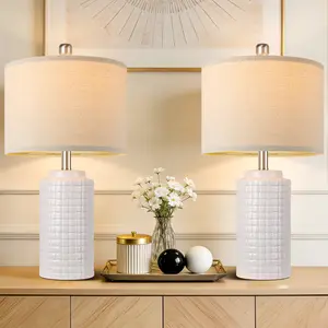 Set of 2 White Ceramic Table Lamps, Textured Grid Pattern with Beige Linen Drum Shades, Modern Bedside Lamps for Bedroom, Living Room, and Entryway Decor