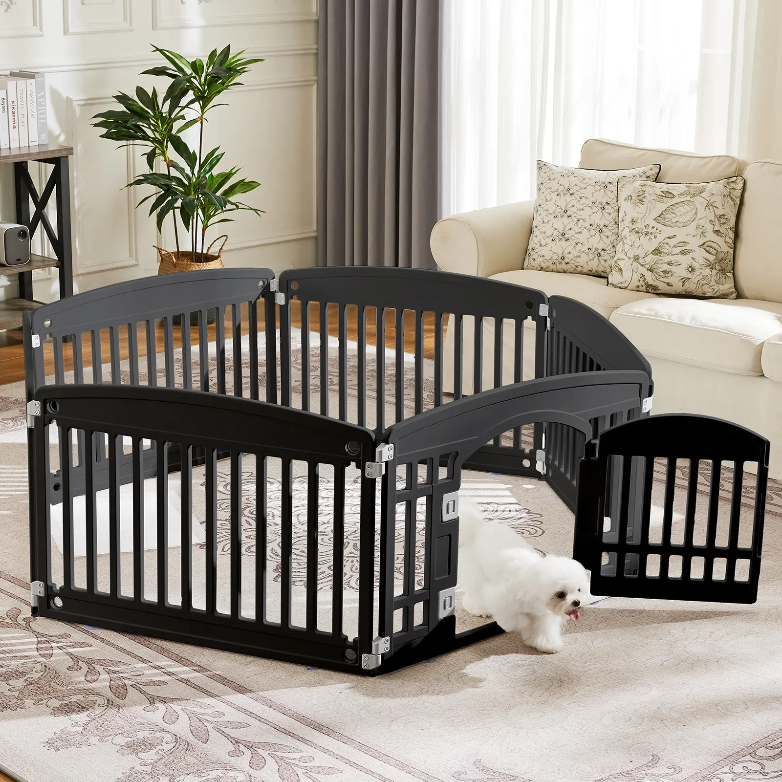Adjustable Plastic Pet Fence Playpen, Indoor Puppy Exercise Pen with Anti-Slip Suction Cups & Outdoor Yard Gripping Stakes