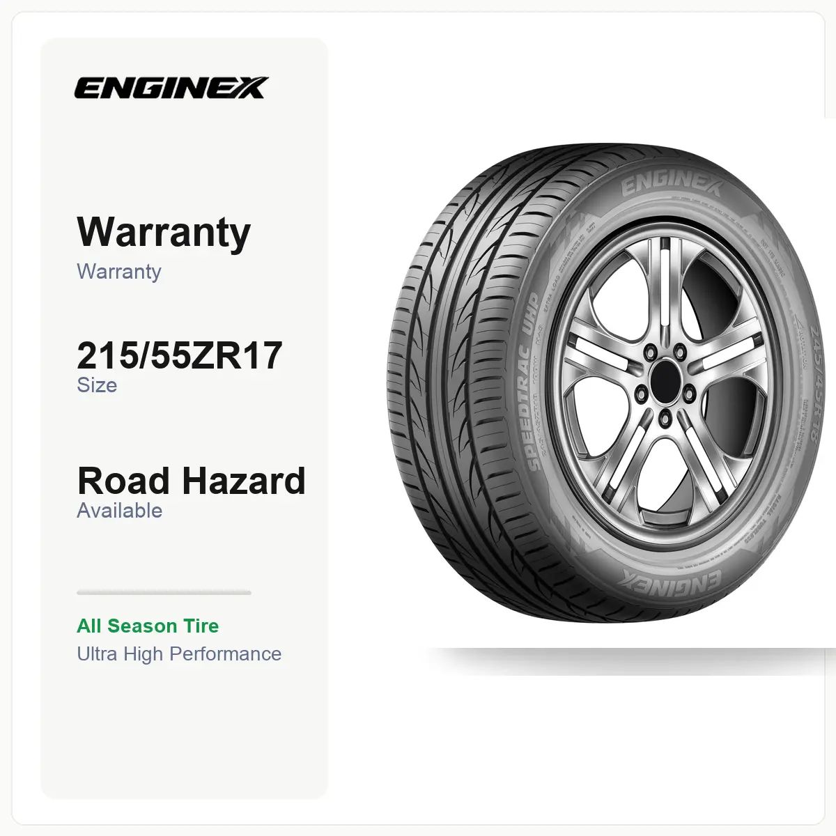 ENGINEX SPEEDTRAC UHP 215/55ZR17 98W | All Season Tire, Ultra High Performance, XL Load Range, 50K Mile Warranty, Road Hazard, Fits select Toyota Camry, Honda Accord & more, For Sedan/Crossover/SUV
