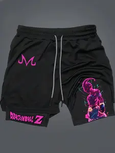 Dragon Ball Majin Buu Print 2-In-1 Drawstring Waist Shorts, Quick-Dry Swim Trunks, Loose Fit with Pockets, Lightweight Shorts, Ideal for Summer & Workout, Casual Athletic Shorts, Streetwear Sports Shorts