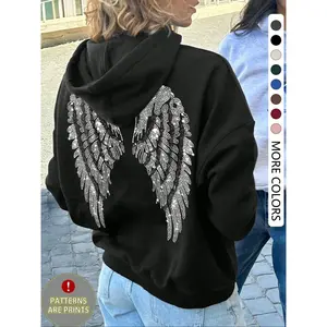 Women's Casual Loose-Fit Hoodie, Wing Print Design, Thick Fabric, All-Season Wear, Perfect for Home & Daily
