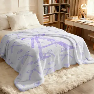 Purple Letter Bow Print Flannel Blanket, Letter A-Z & Bow Pattern, Comfortable Warm Soft & Lightweight, All Seasons Use, Sofa Bed Office Nap Travel Camping Cover Blanket, Personalized Gift with Initial