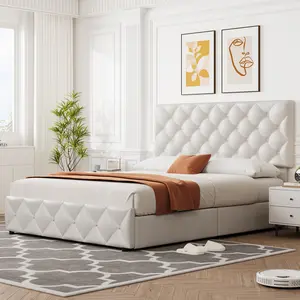 Platform Bed Frame, Faux Leather Upholstered Bed Frame with Adjustable Headboard & 4 Drawers, Modern Bed Frame, Wooden Slats Supports, No Box Spring Needed, White