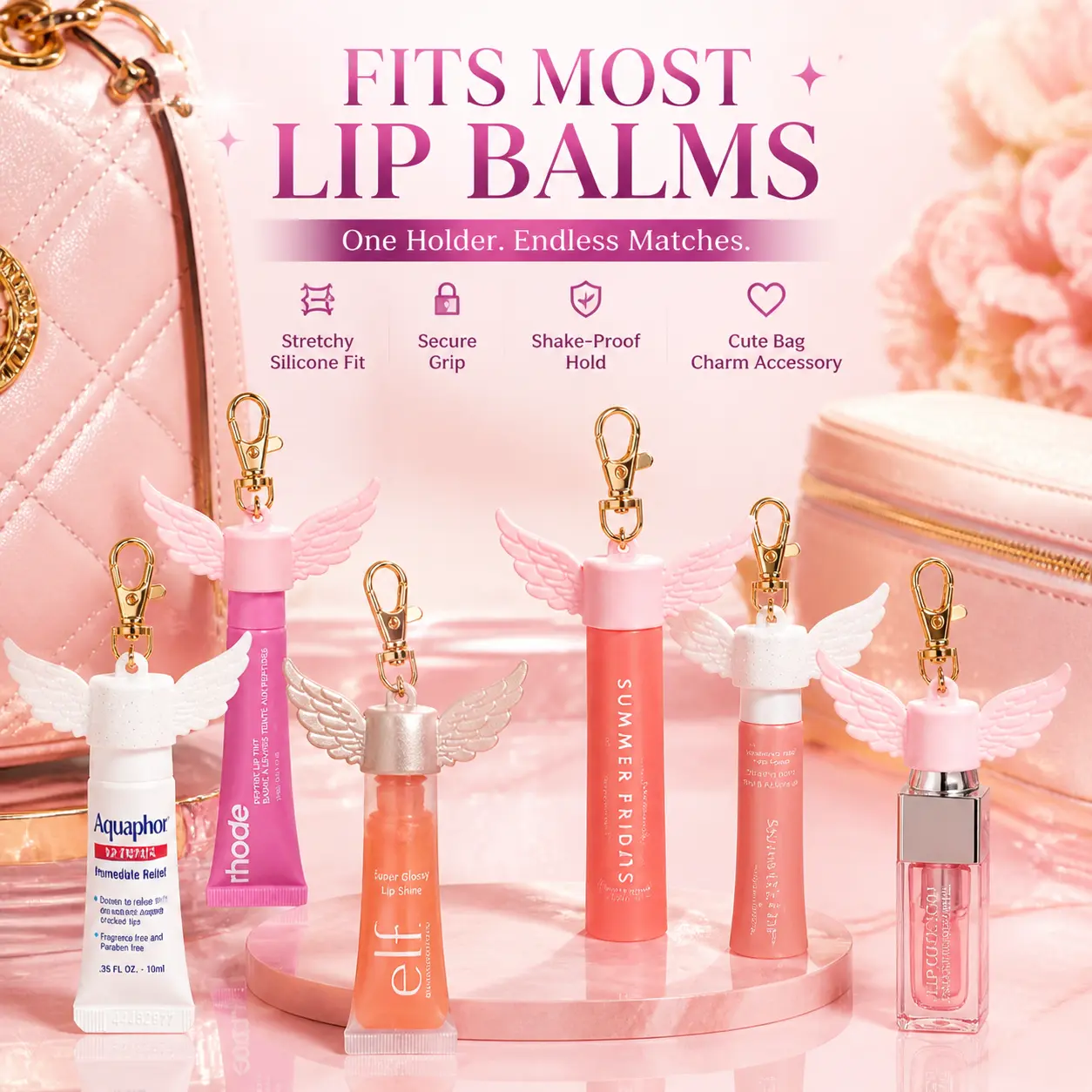 Universal Lip Gloss Keychain - Silicone Clip Fits Almost All Lip Balms, Stylish & Functional Bag Charm, Lip Care, Lip Oil Gloss