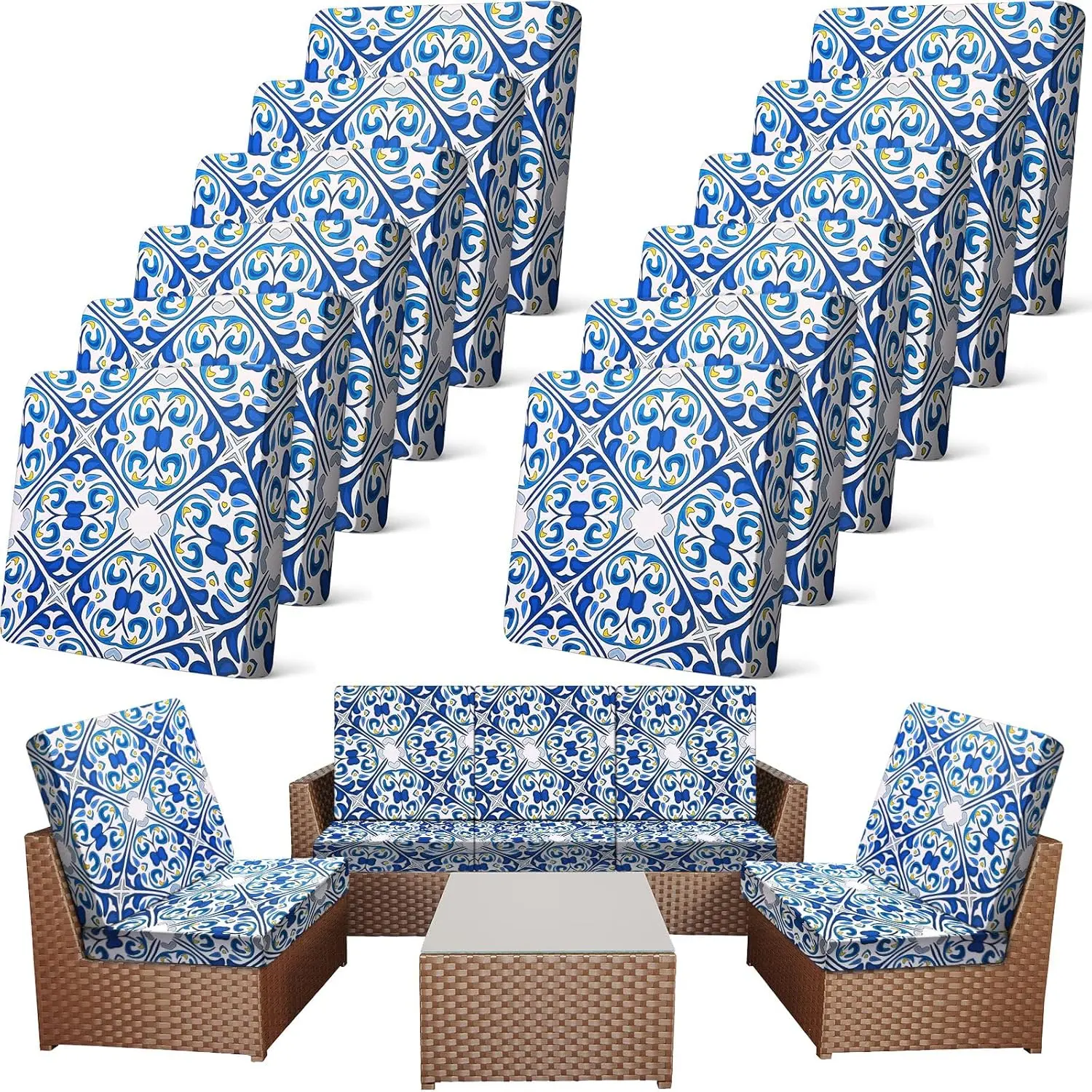 12/8/4Pcs Summer Patio Cushion Covers for Outdoor Patio Furniture & Indoor Sofa Cushions, Elastic Sofa Cover Sofa Slipcover Couch Covers Anti-Slip Sofa Seat Cover Replacement Sets for Summer Patio Decor