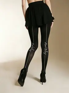 Women's Solid Color Stockings, Rhinestone Letter Pattern, Elastic Fitted Design, Soft Fabric, All Seasons, Perfect for Festivals & Parties