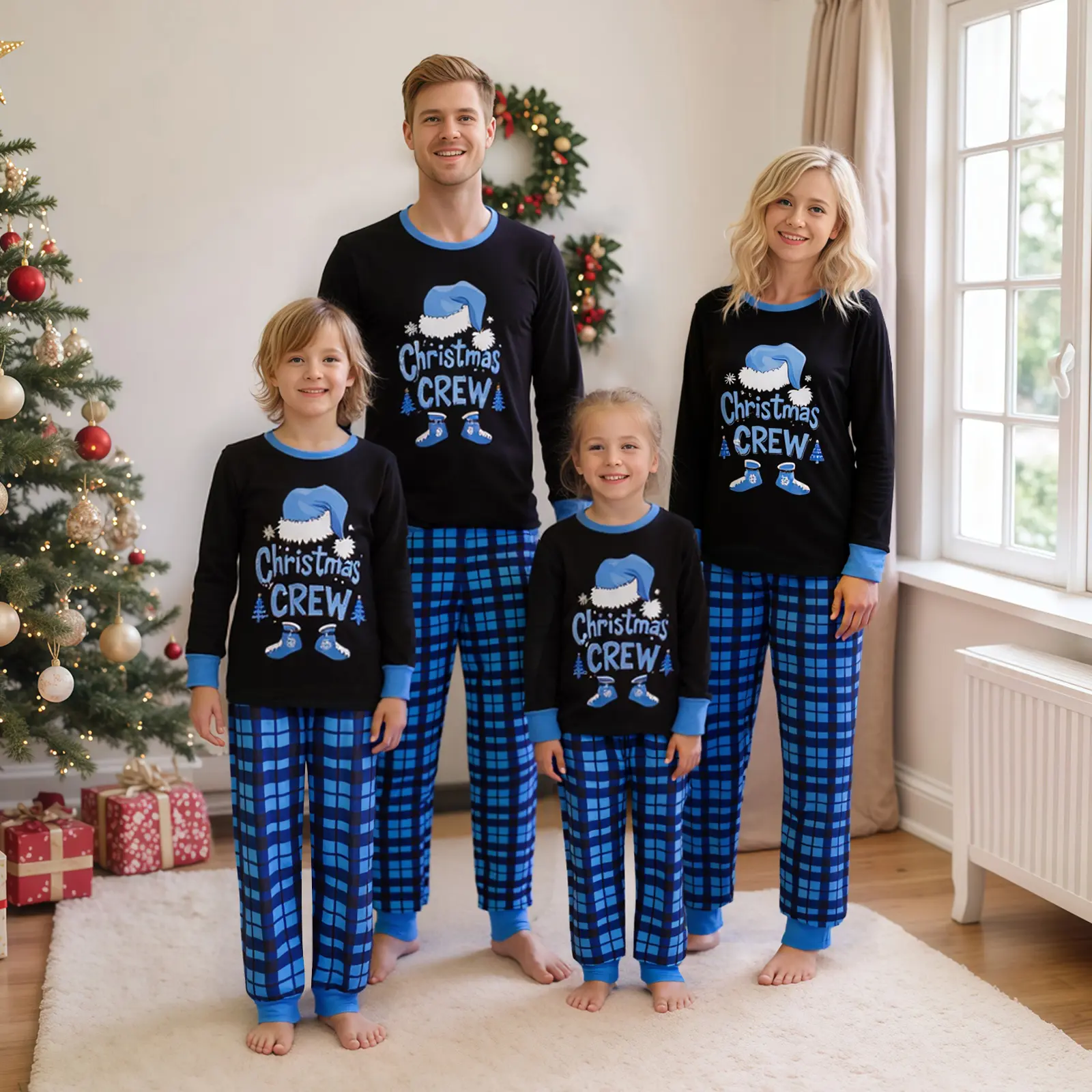 REDWOON Christmas Family Pajamas Holiday Christma Pajama Family Matching Pjs Sets Santa Hat Christmas Crew T-Shirt with Plaid Pants Xmas Jammies Nightwear