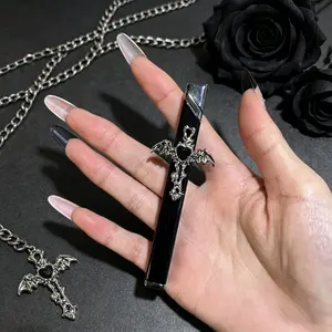 Black Gothic Cross Decorative Slim Lighter, No Gas Included Metal Ignition Tool with Bat Wing Charm for Goth Aesthetic Daily Use