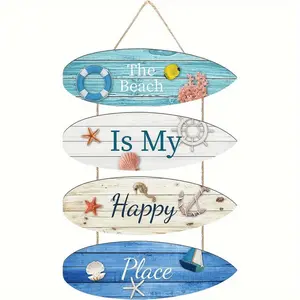 Wooden Summer Ocean Theme Beach Hanging Sign Wall Decor, Tropical Design, 4 Piece Set, Living Room Bedroom Decoration, Outdoor Courtyard Party Decor