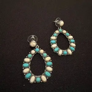 Vintage Turquoise & Ivory Oval Drop Earrings